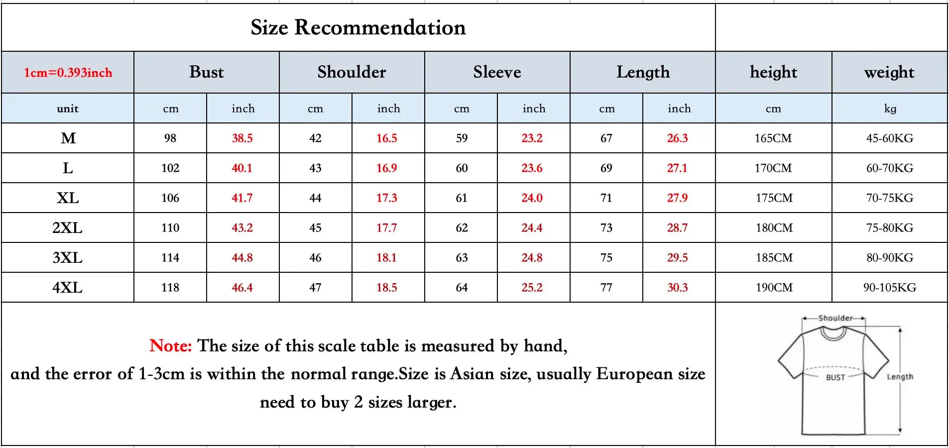 sweater for women/men size chart